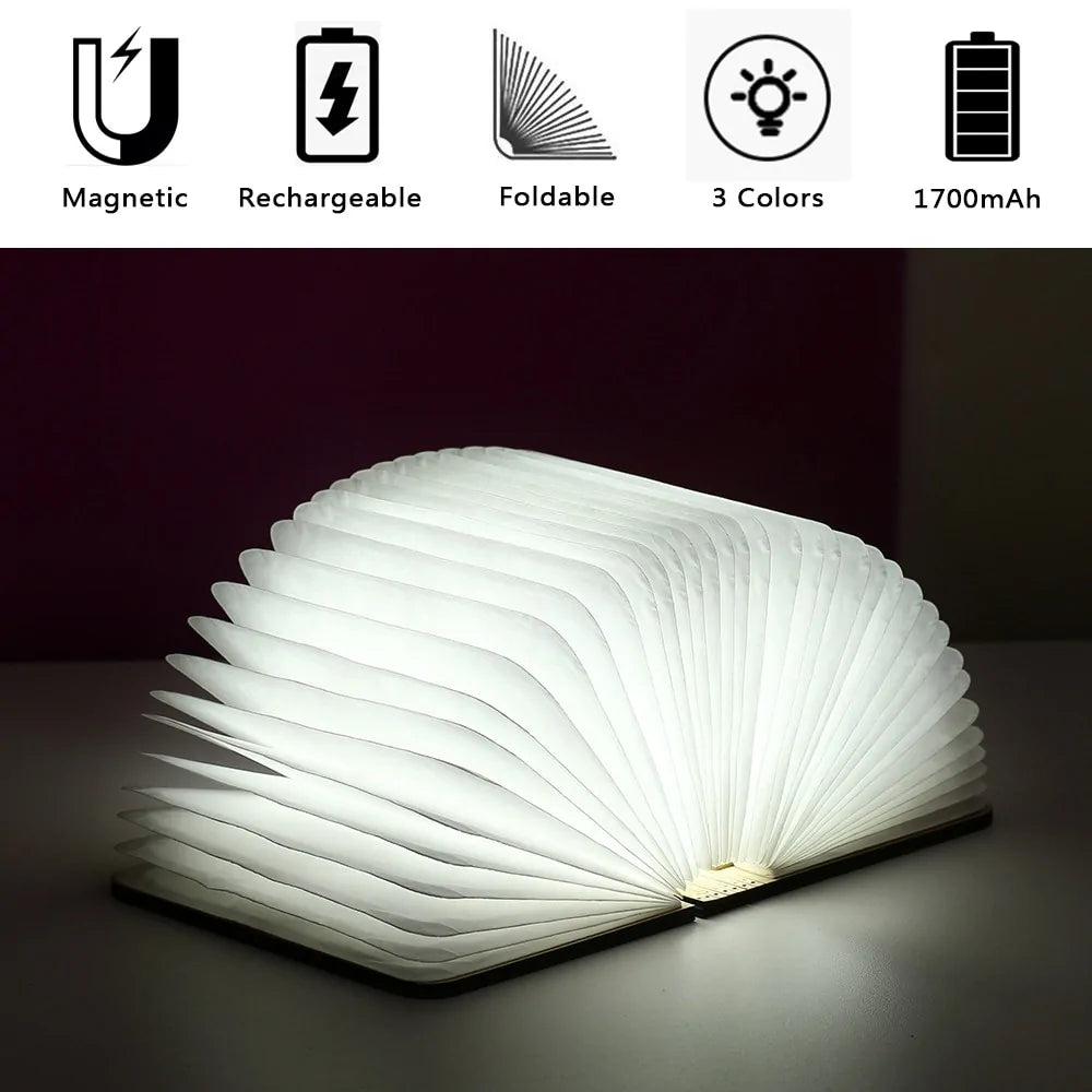 Portable 3D LED Book Night Light: Wooden, USB Rechargeable, Foldable